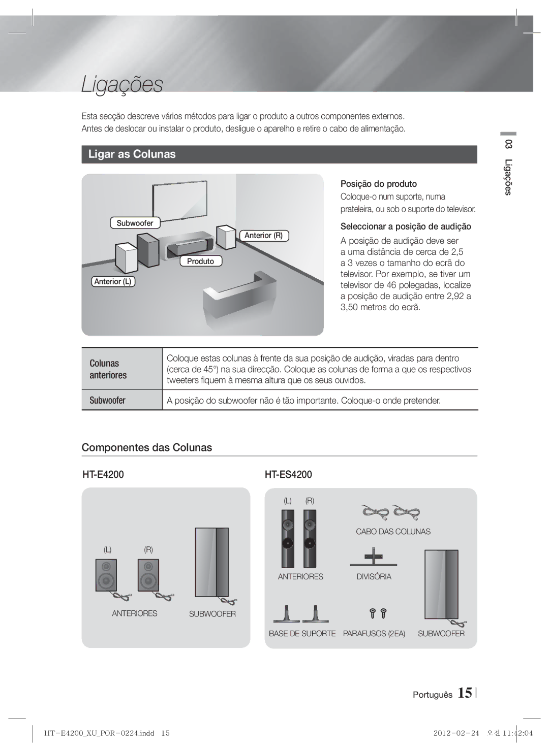 Samsung HT-ES4200/ZF, HT-E4200/ZF manual Ligações, Ligar as Colunas, Componentes das Colunas 