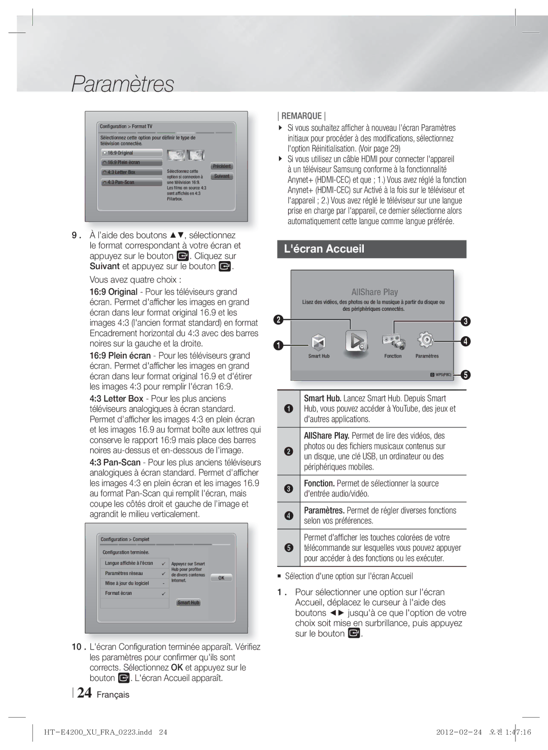 Samsung HT-E4200/ZF, HT-ES4200/ZF manual Lécran Accueil 