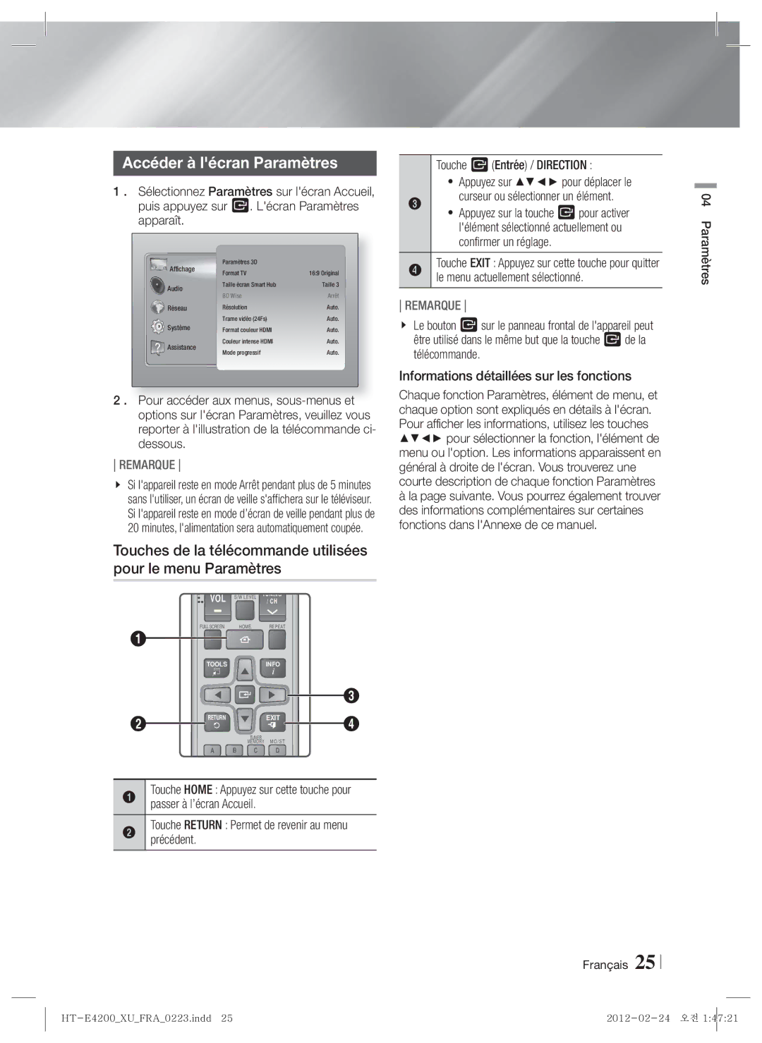 Samsung HT-ES4200/ZF, HT-E4200/ZF manual Accéder à lécran Paramètres, Français Paramètres 