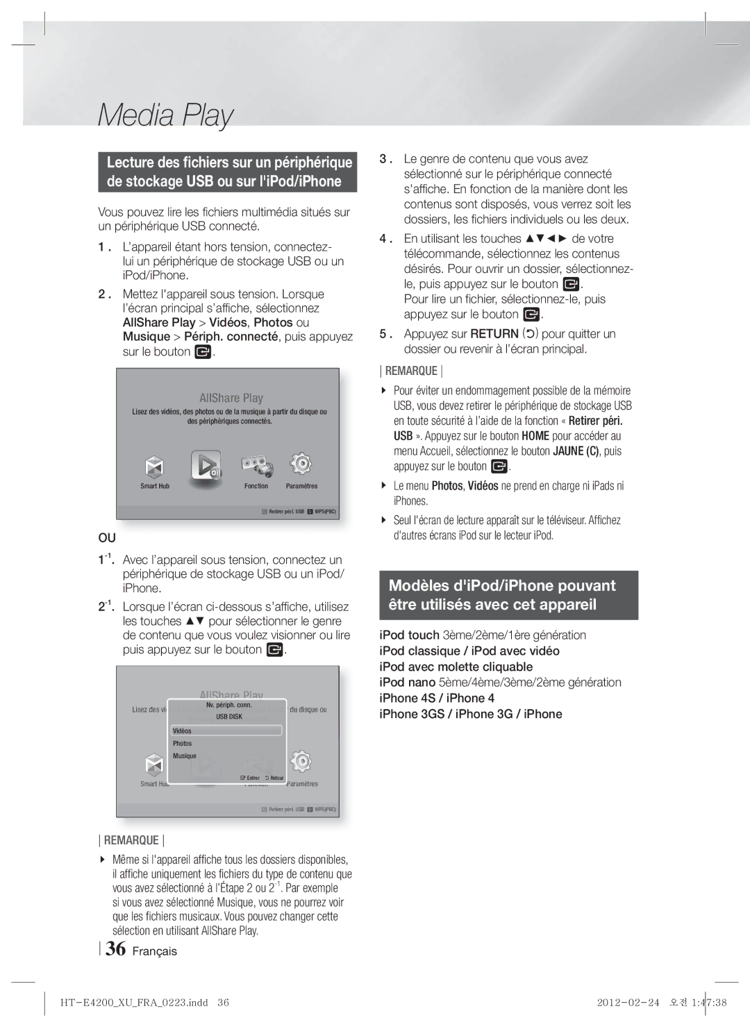 Samsung HT-E4200/ZF, HT-ES4200/ZF manual Modèles diPod/iPhone pouvant Être utilisés avec cet appareil 