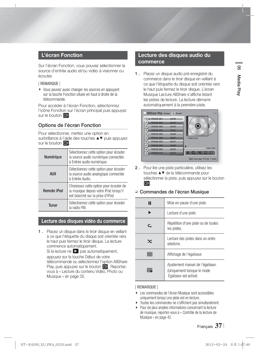 Samsung HT-ES4200/ZF Options de l’écran Fonction, Lecture des disques audio du Commerce, Commandes de l’écran Musique 