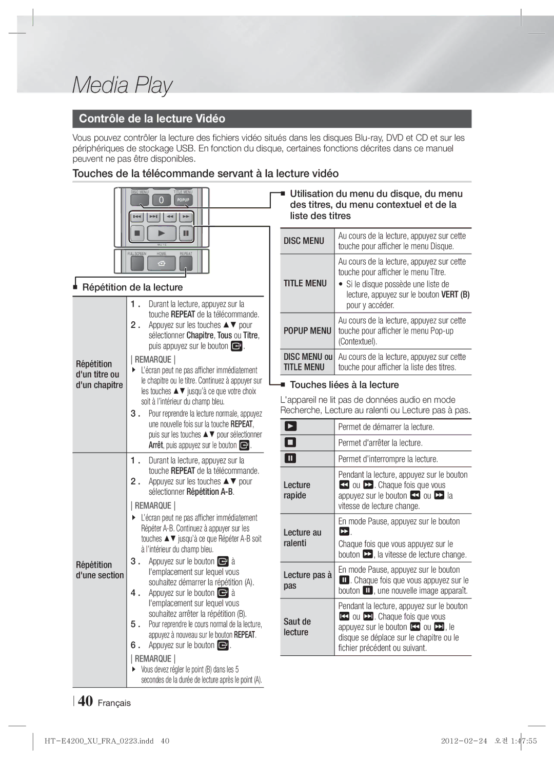 Samsung HT-E4200/ZF manual Contrôle de la lecture Vidéo, Touches de la télécommande servant à la lecture vidéo, Disc Menu 