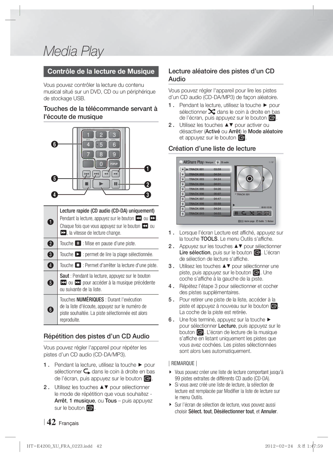 Samsung HT-E4200/ZF manual Contrôle de la lecture de Musique, Touches de la télécommande servant à lécoute de musique 