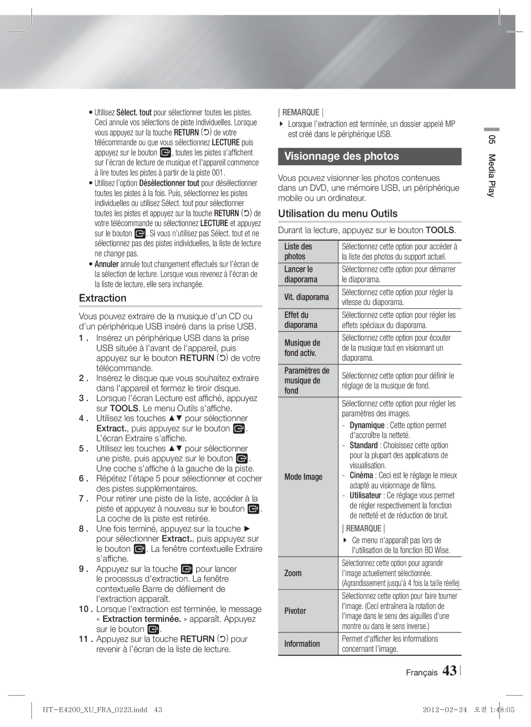 Samsung HT-ES4200/ZF, HT-E4200/ZF manual Extraction, Visionnage des photos 