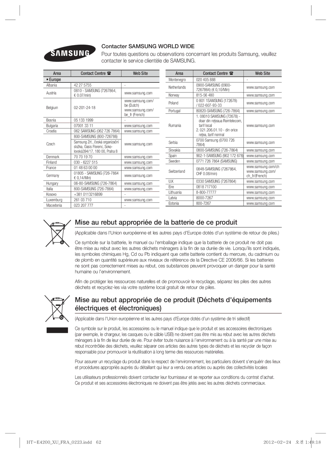 Samsung HT-E4200/ZF manual Mise au rebut appropriée de la batterie de ce produit, Area Contact Centre  Web Site ` Europe 