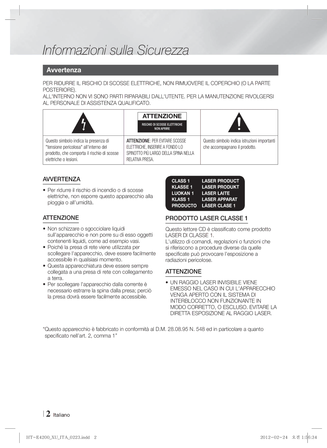 Samsung HT-E4200/ZF, HT-ES4200/ZF Informazioni sulla Sicurezza, Avvertenza, Questo lettore CD è classificato come prodotto 