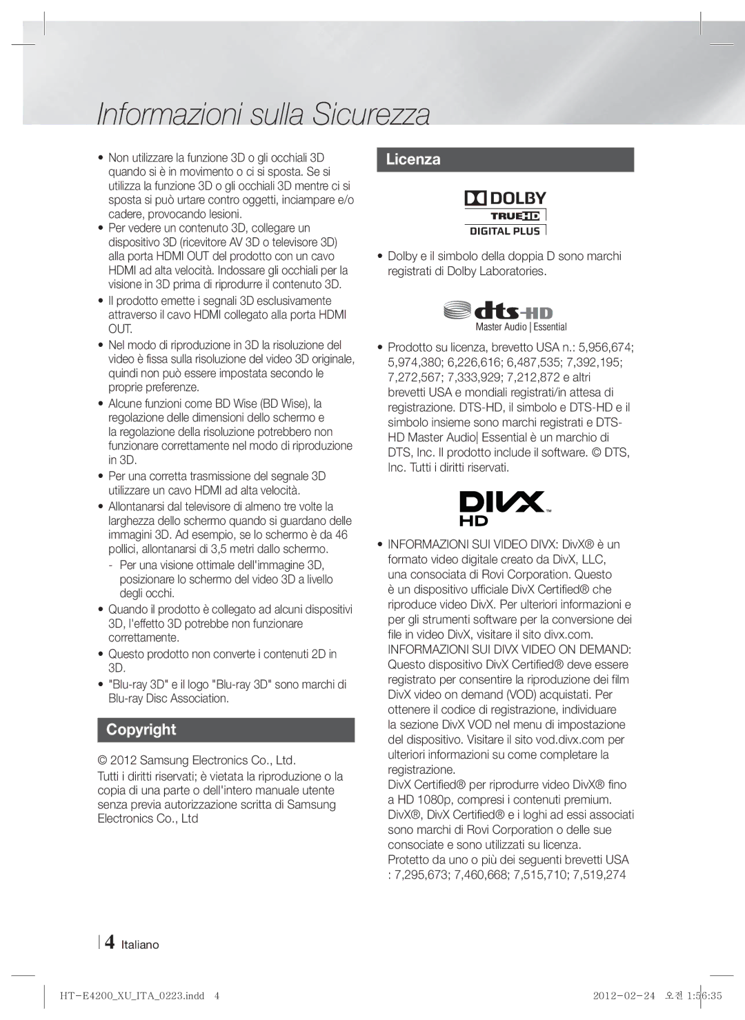 Samsung HT-E4200/ZF, HT-ES4200/ZF manual Copyright, Licenza 