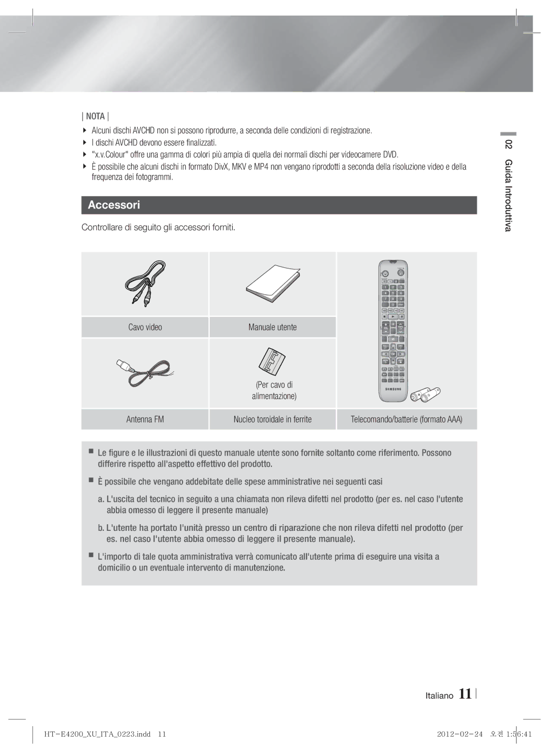 Samsung HT-ES4200/ZF Accessori, Controllare di seguito gli accessori forniti, Manuale utente, Per cavo di, Alimentazione 