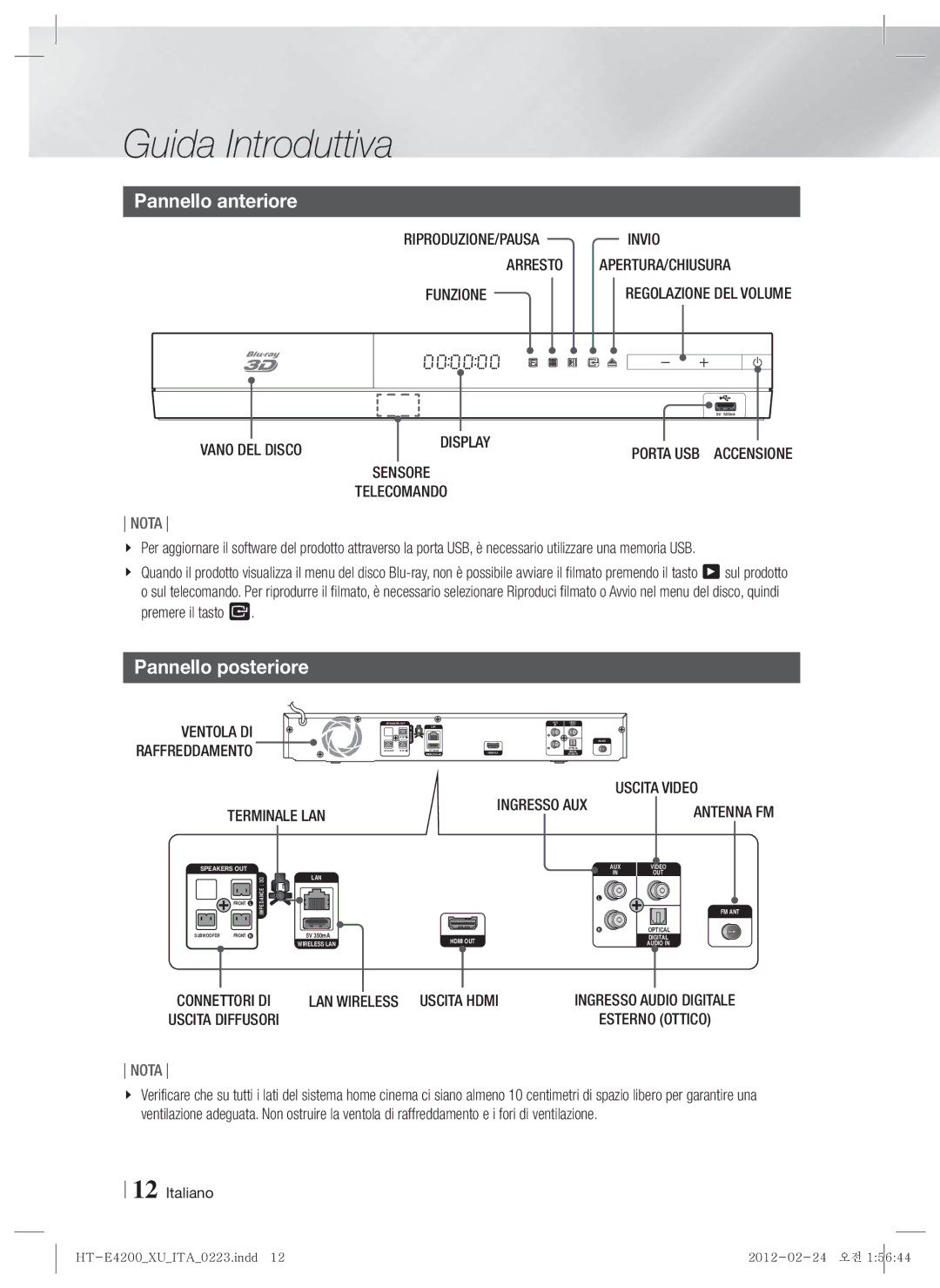 Samsung HT-E4200/ZF, HT-ES4200/ZF manual Pannello anteriore, Pannello posteriore 