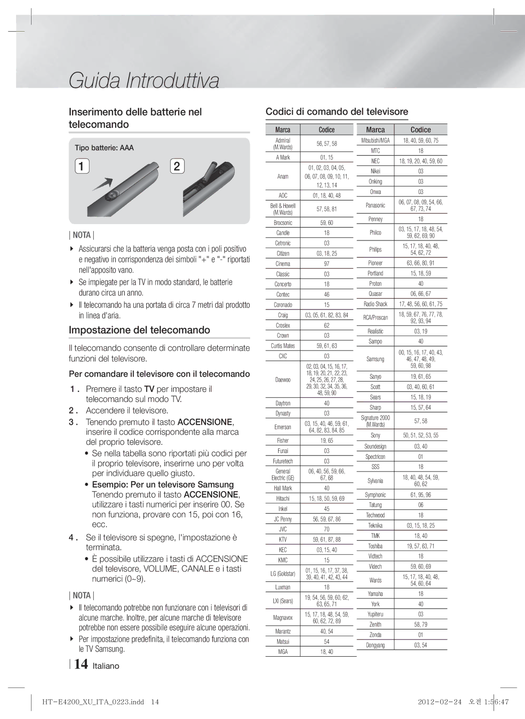 Samsung HT-E4200/ZF, HT-ES4200/ZF manual Inserimento delle batterie nel telecomando, Impostazione del telecomando, Codice 