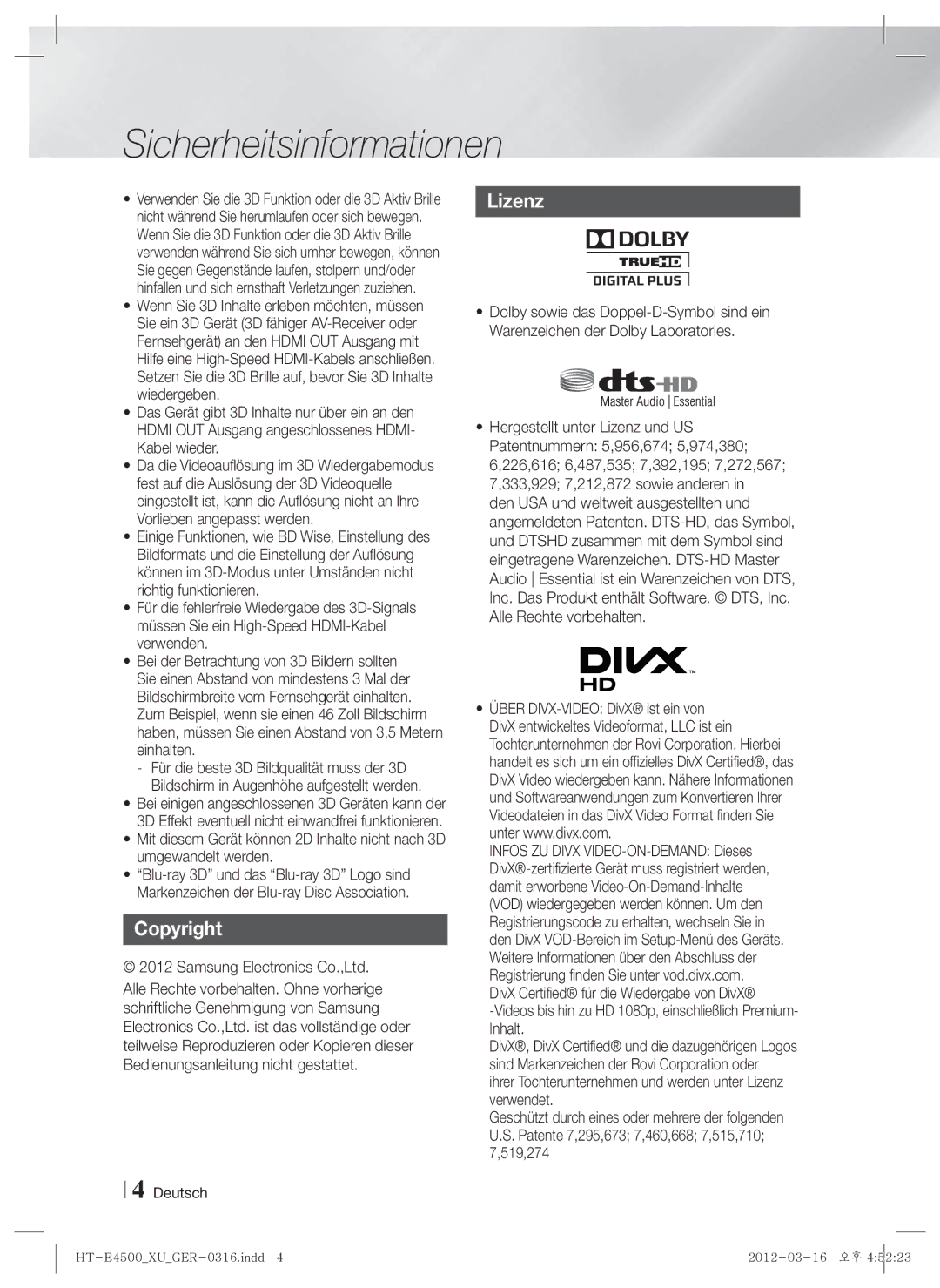 Samsung HT-E4500/EN, HT-E4550/EN, HT-E4500/XN, HT-E4550/ZF, HT-E4500/ZF, HT-E4550/XE manual Copyright, Lizenz 