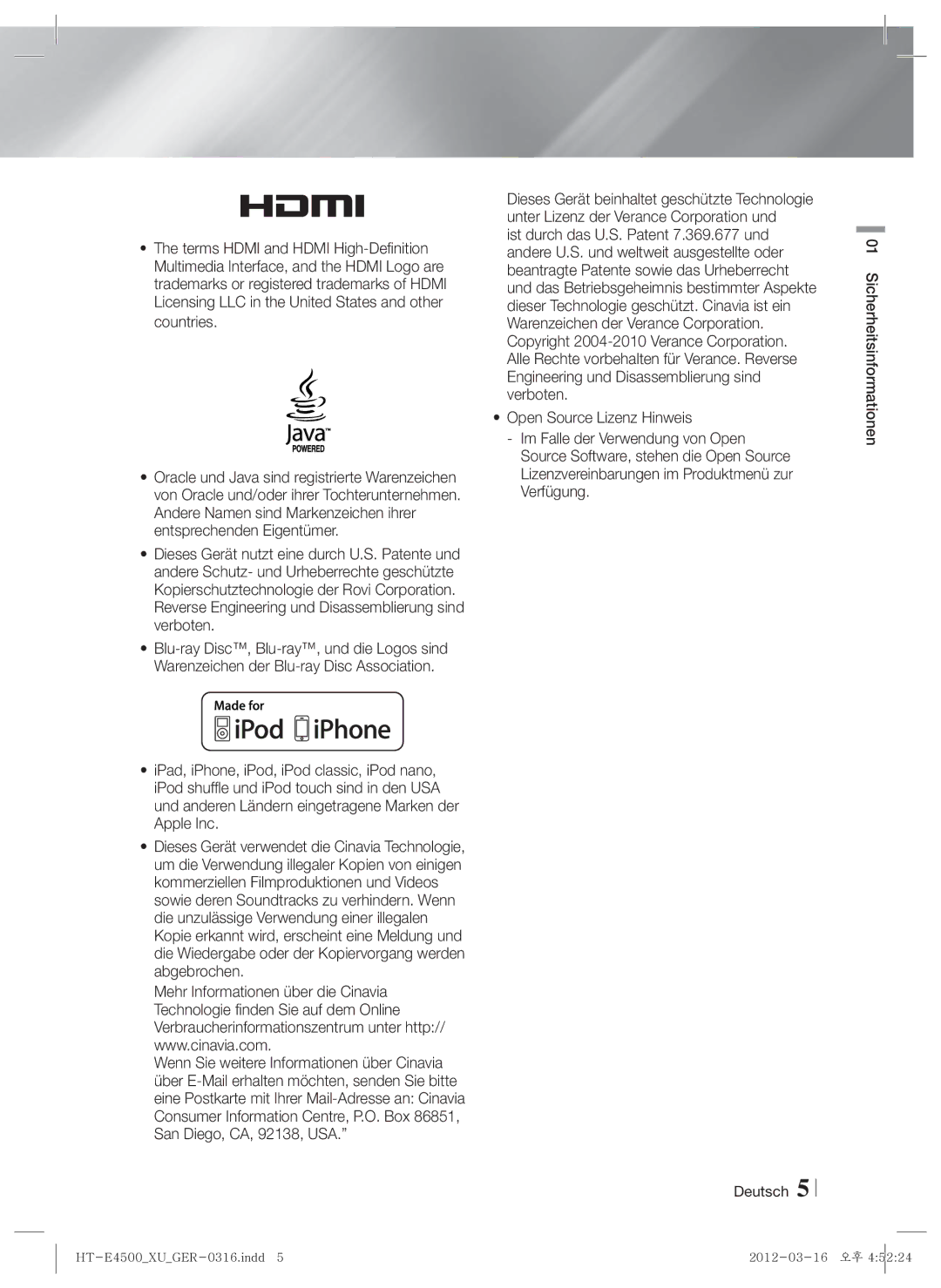 Samsung HT-E4550/EN, HT-E4500/EN, HT-E4500/XN, HT-E4550/ZF, HT-E4500/ZF, HT-E4550/XE manual Deutsch Sicherheitsinformationen 