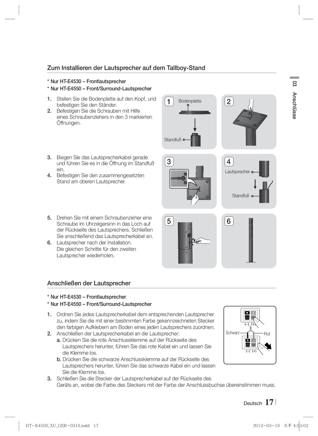 Samsung HT-E4550/EN Anschließen der Lautsprecherkabel an die Lautsprecher, Bodenplatte Standfuß, Lautsprecher Standfuß 