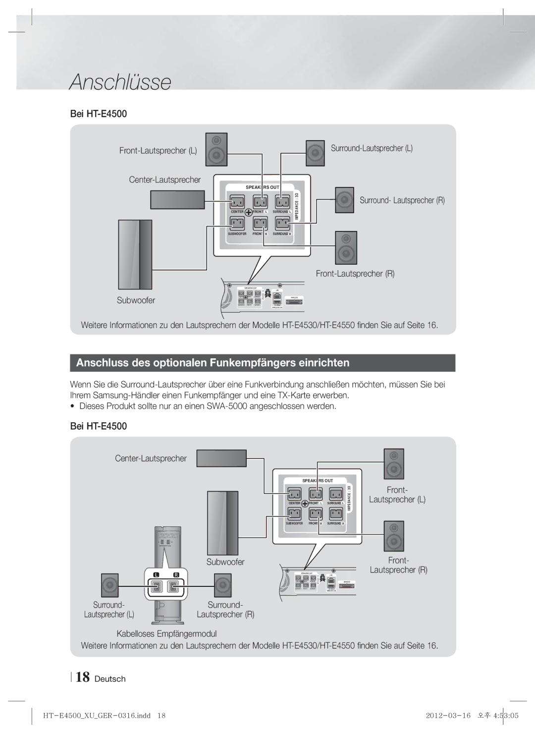 Samsung HT-E4500/XN, HT-E4500/EN, HT-E4550/EN manual Anschluss des optionalen Funkempfängers einrichten, Bei HT-E4500, Front 