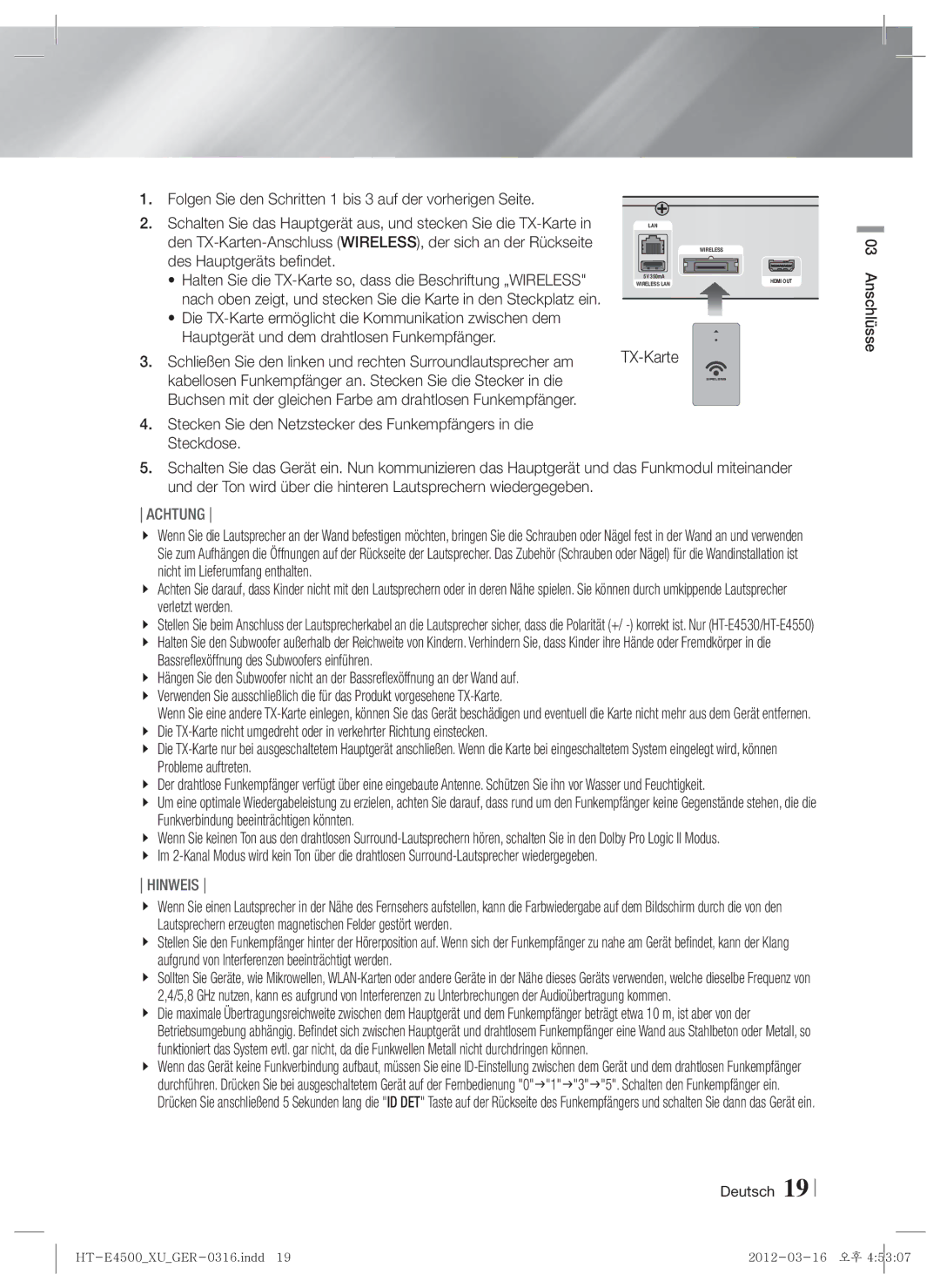 Samsung HT-E4550/ZF, HT-E4500/EN, HT-E4550/EN, HT-E4500/XN, HT-E4500/ZF, HT-E4550/XE manual TX-Karte, Achtung 