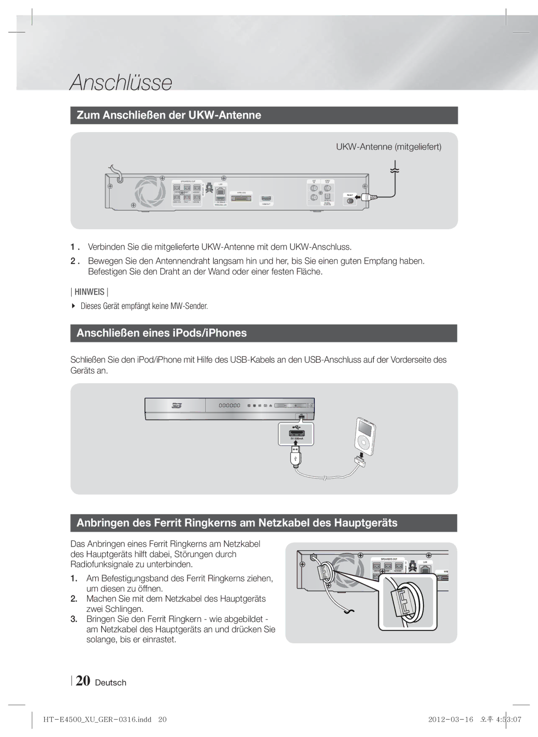 Samsung HT-E4500/ZF manual Zum Anschließen der UKW-Antenne, Anschließen eines iPods/iPhones, UKW-Antenne mitgeliefert 