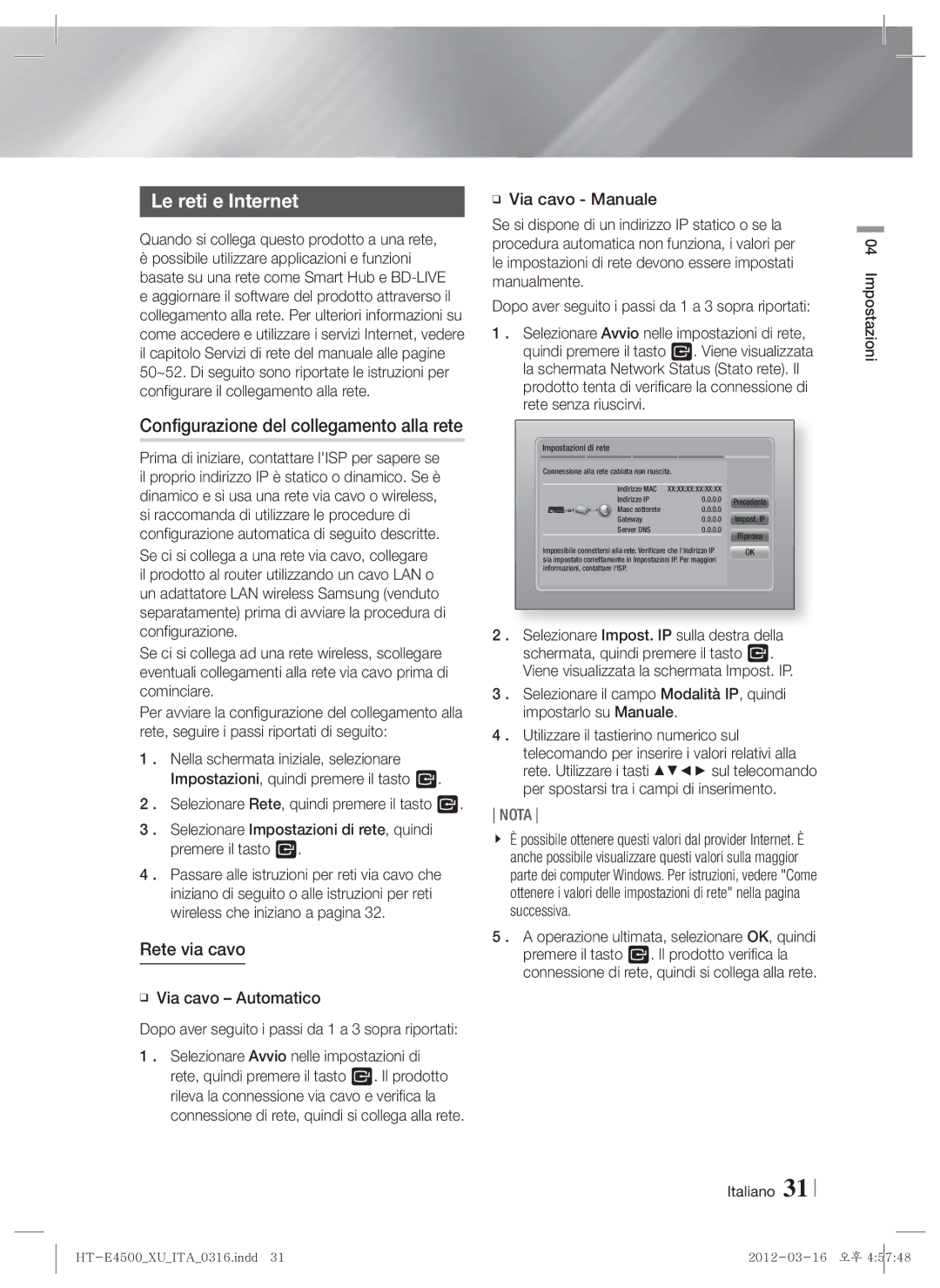 Samsung HT-E4550/EN, HT-E4500/EN, HT-E4500/XN Le reti e Internet, Configurazione del collegamento alla rete, Rete via cavo 