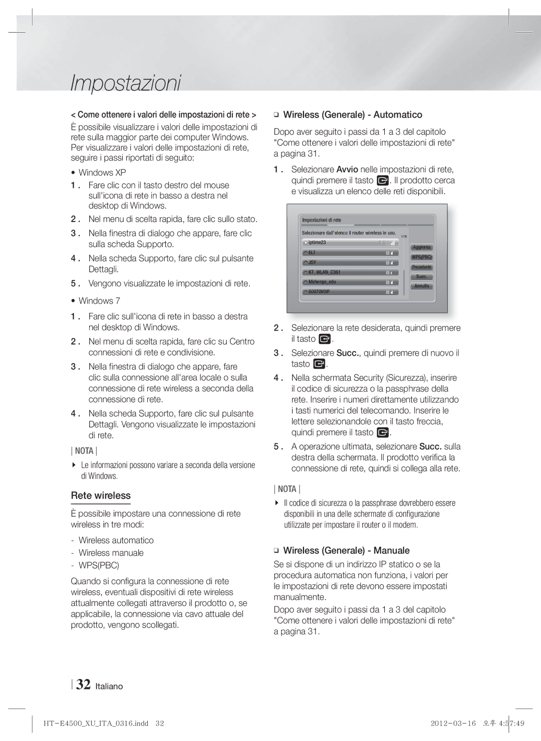 Samsung HT-E4500/XN, HT-E4500/EN, HT-E4550/EN, HT-E4550/ZF, HT-E4500/ZF, HT-E4550/XE manual Rete wireless, Wpspbc 