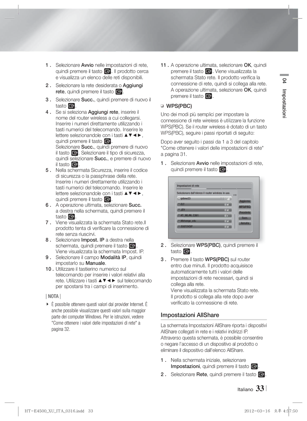 Samsung HT-E4550/ZF, HT-E4500/EN, HT-E4550/EN, HT-E4500/XN, HT-E4500/ZF, HT-E4550/XE manual Impostazioni AllShare 