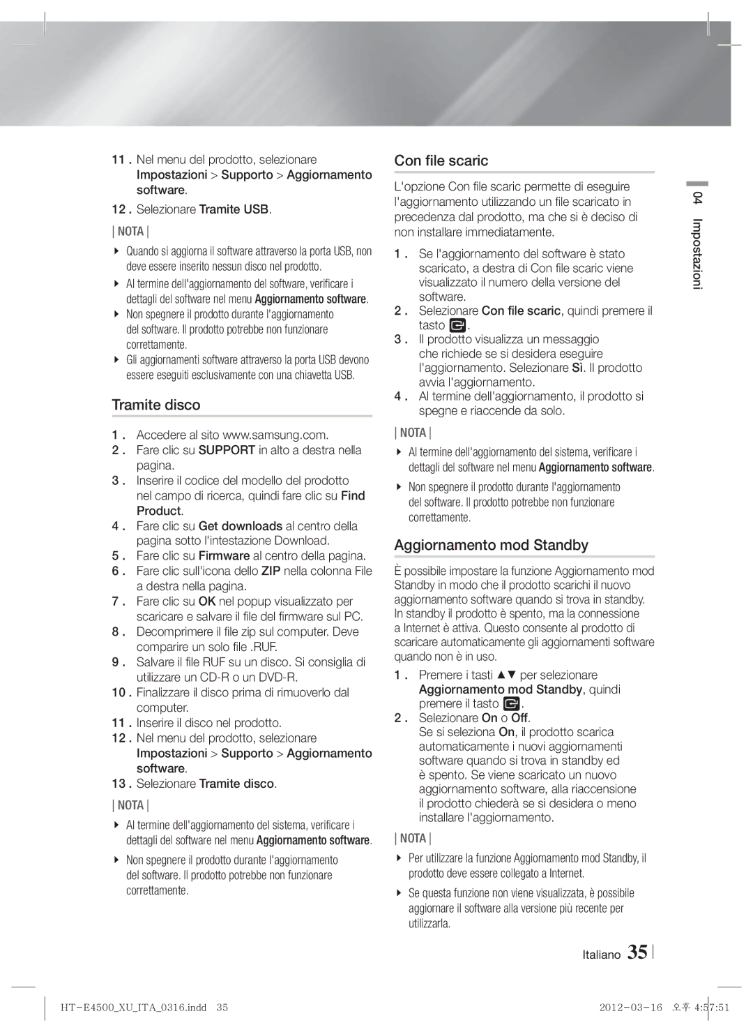 Samsung HT-E4550/XE, HT-E4500/EN, HT-E4550/EN, HT-E4500/XN manual Tramite disco, Con file scaric, Aggiornamento mod Standby 