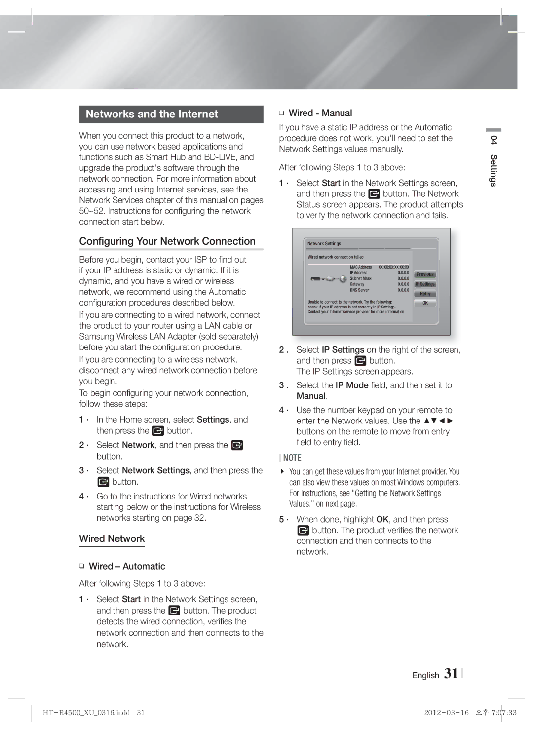 Samsung HT-E4550/EN, HT-E4500/EN, HT-E4500/XN Networks and the Internet, Configuring Your Network Connection, Wired Network 