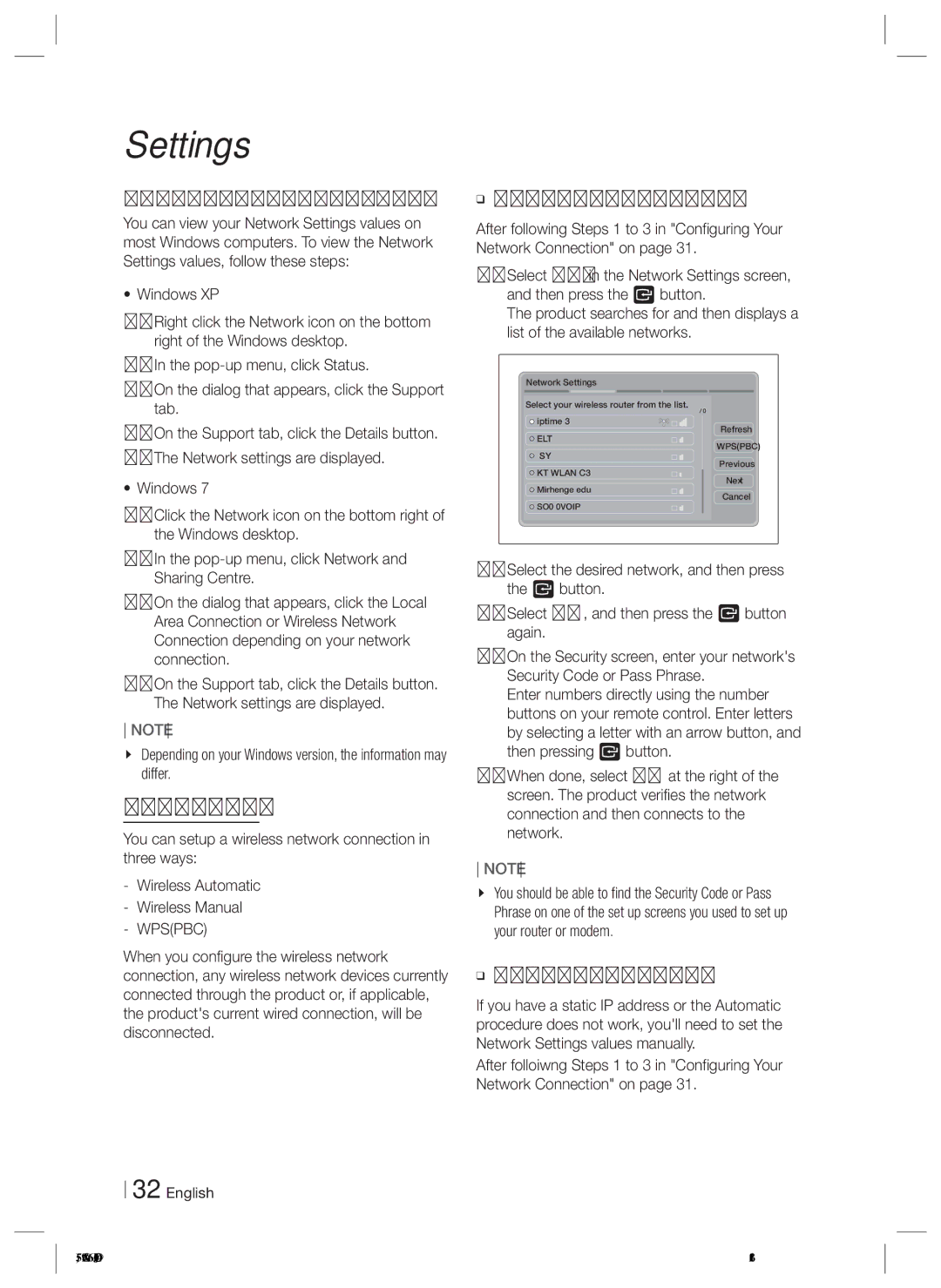 Samsung HT-E4500/XN, HT-E4500/EN Wireless Network, Getting the Network Settings Values, Wpspbc, Wireless General Manual 