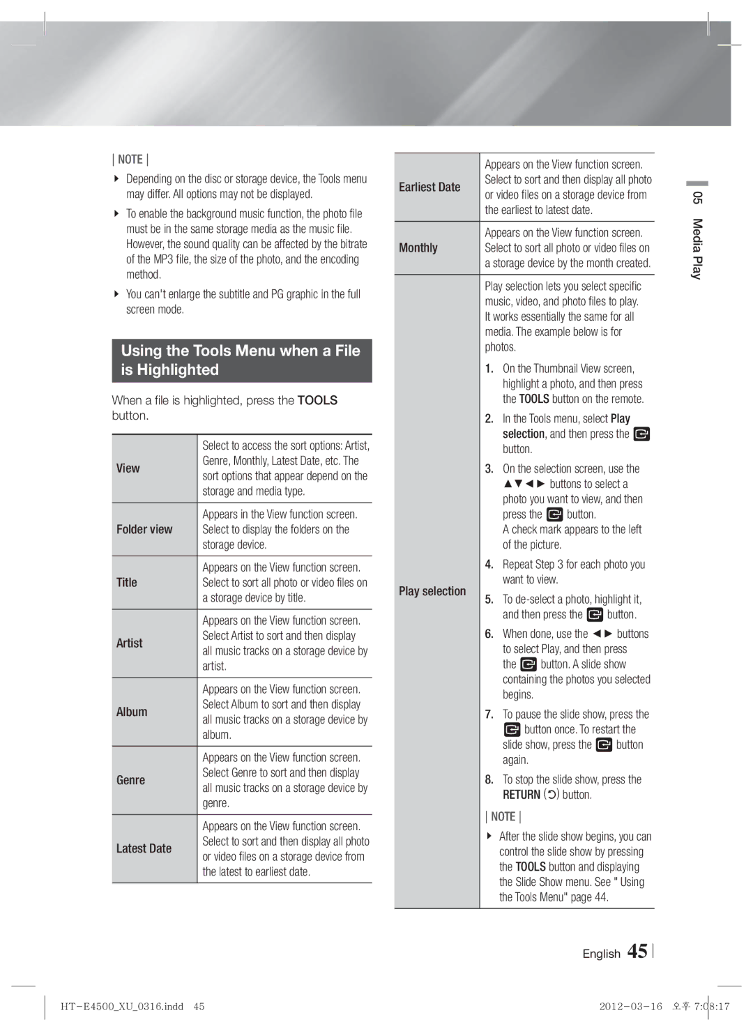 Samsung HT-E4550/ZF, HT-E4500/EN, HT-E4550/EN, HT-E4500/XN, HT-E4500/ZF manual Using the Tools Menu when a File Is Highlighted 