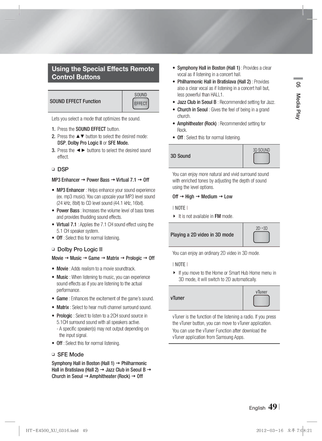 Samsung HT-E4550/EN, HT-E4500/EN, HT-E4500/XN, HT-E4550/ZF, HT-E4500/ZF Using the Special Effects Remote Control Buttons, Dsp 