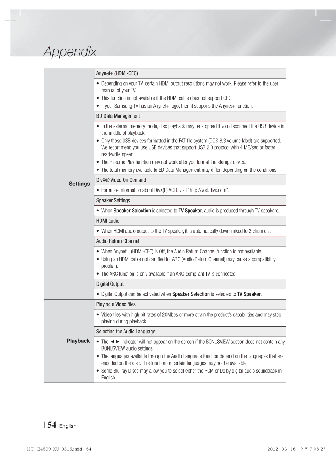 Samsung HT-E4500/EN, HT-E4550/EN, HT-E4500/XN, HT-E4550/ZF, HT-E4500/ZF, HT-E4550/XE manual Settings 