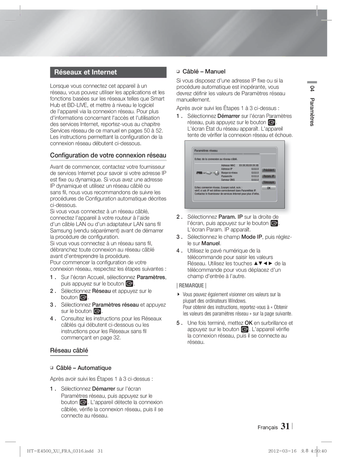 Samsung HT-E4550/XE manual Réseaux et Internet, Configuration de votre connexion réseau, Réseau câblé, Français Paramètres 