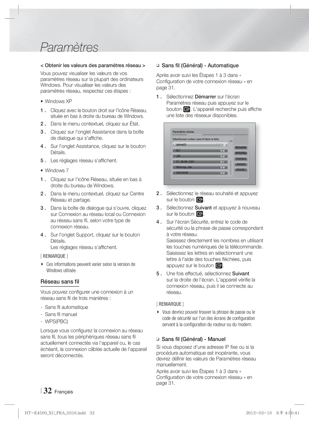 Samsung HT-E4500/EN, HT-E4550/EN, HT-E4500/XN manual Réseau sans fil, Obtenir les valeurs des paramètres réseau, Windows XP 