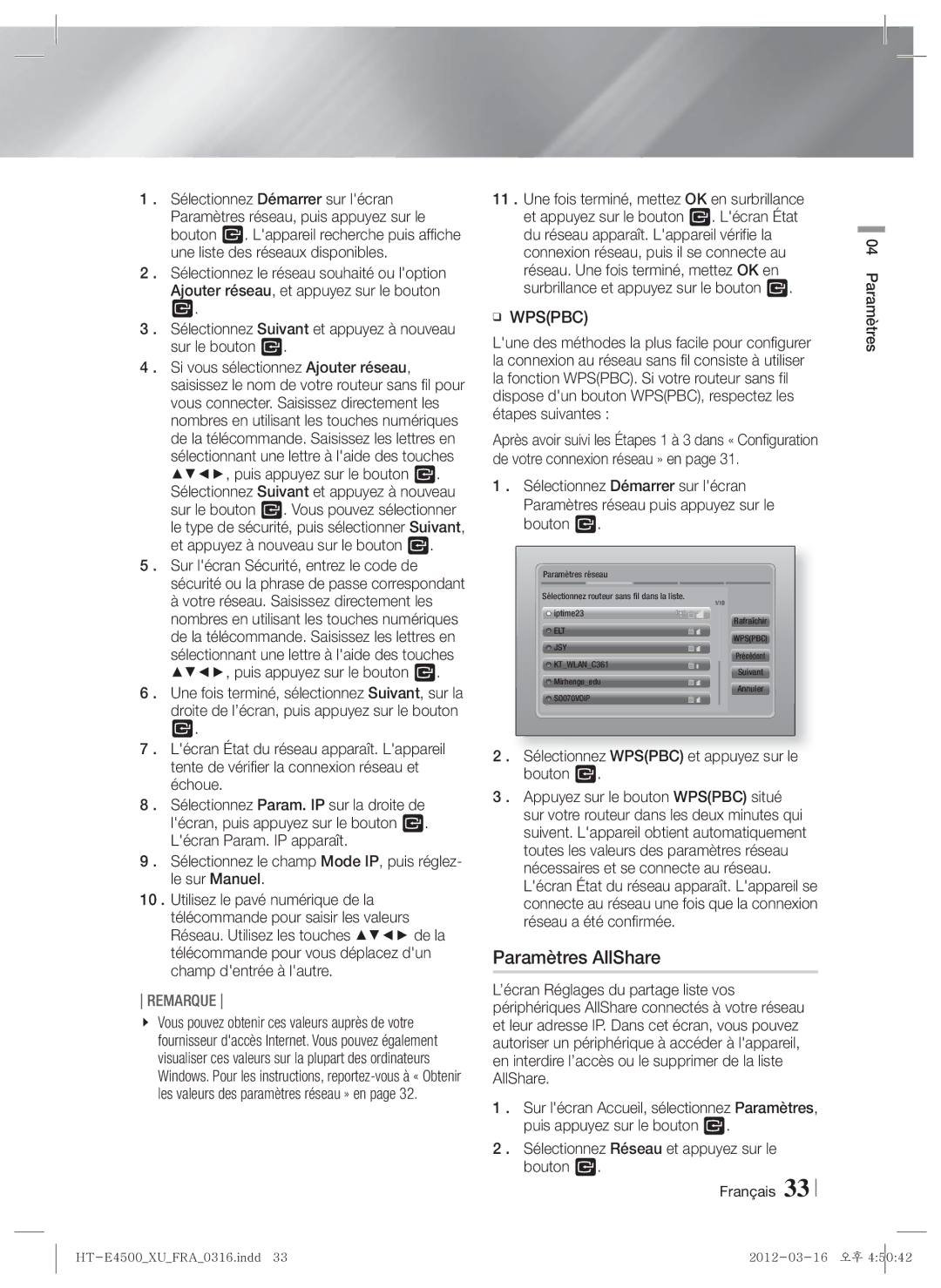 Samsung HT-E4550/EN, HT-E4500/EN, HT-E4500/XN manual Paramètres AllShare, Sélectionnez Wpspbc et appuyez sur le bouton E 