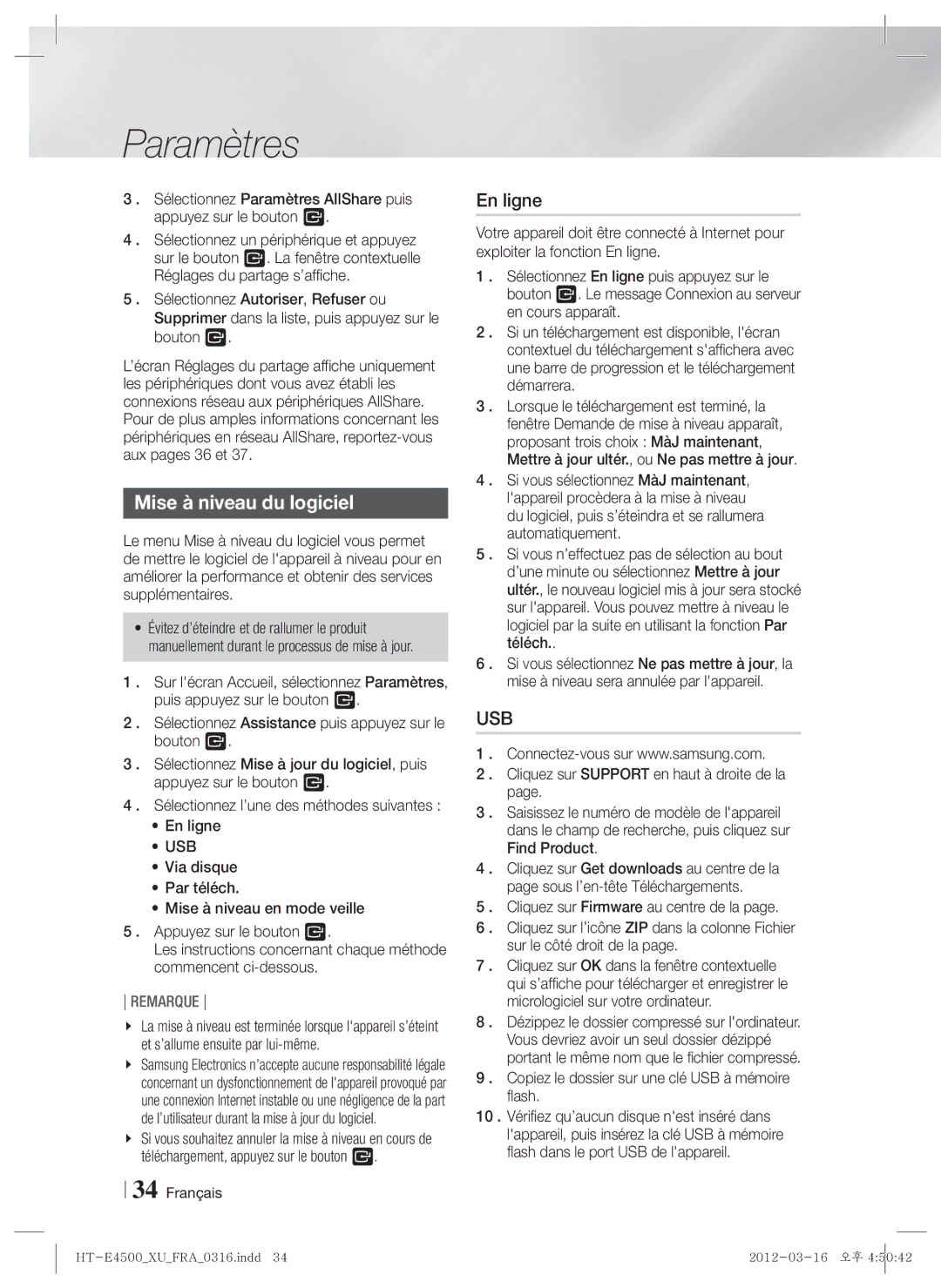 Samsung HT-E4500/XN, HT-E4500/EN Mise à niveau du logiciel, En ligne, Usb, Dézippez le dossier compressé sur lordinateur 