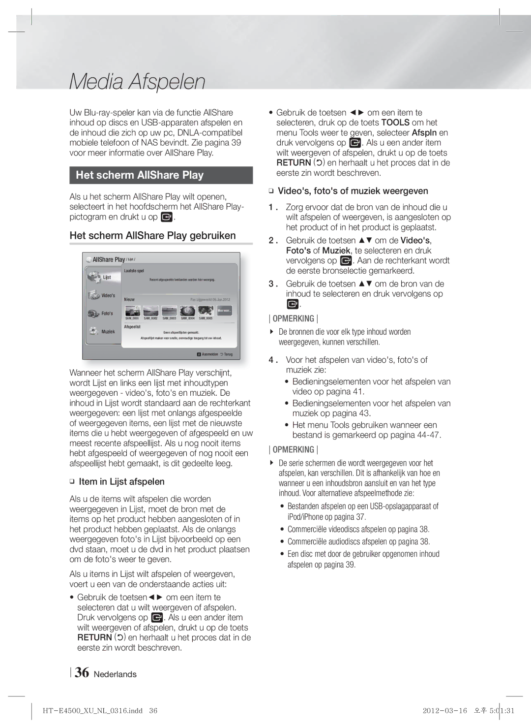 Samsung HT-E4500/EN, HT-E4550/EN manual Media Afspelen, Het scherm AllShare Play gebruiken, Item in Lijst afspelen 