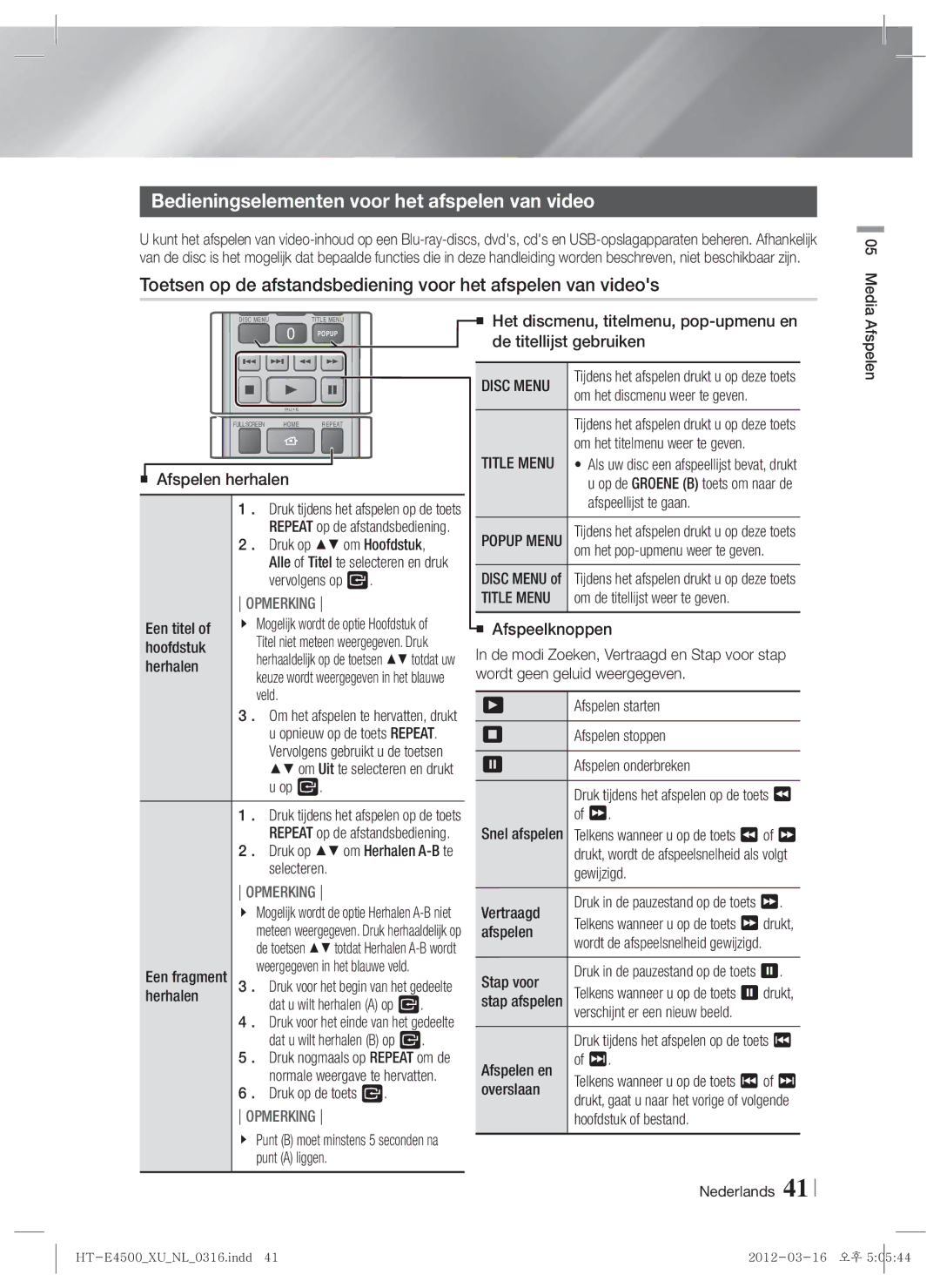 Samsung HT-E4500/EN, HT-E4550/EN, HT-E4500/XN, HT-E4550/ZF, HT-E4500/ZF manual Bedieningselementen voor het afspelen van video 