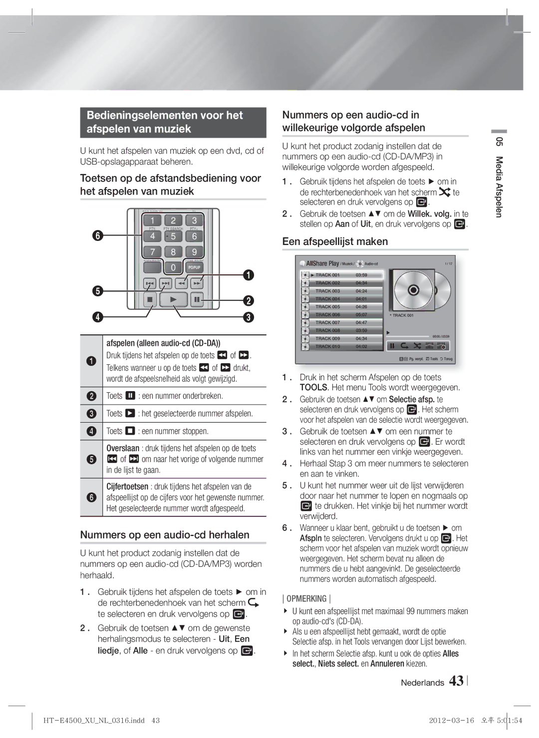 Samsung HT-E4500/XN, HT-E4500/EN manual Bedieningselementen voor het Afspelen van muziek, Nummers op een audio-cd herhalen 