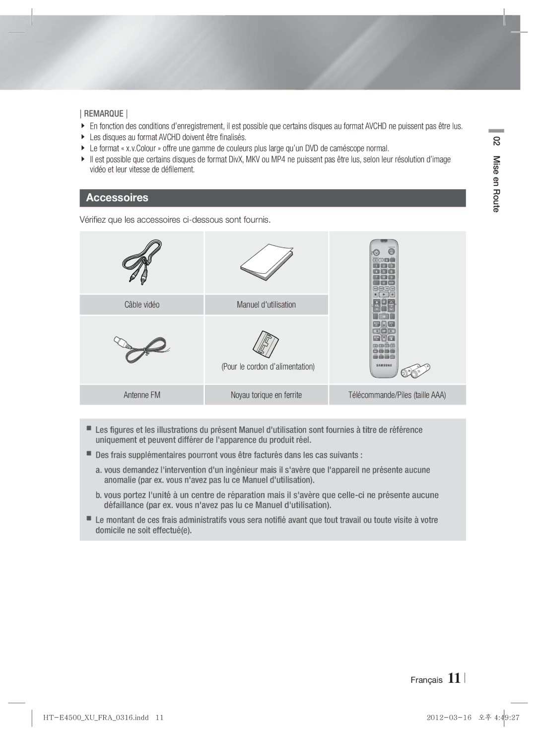 Samsung HT-E4550/EN Accessoires, Vérifiez que les accessoires ci-dessous sont fournis, Câble vidéo, Mise en Route Français 