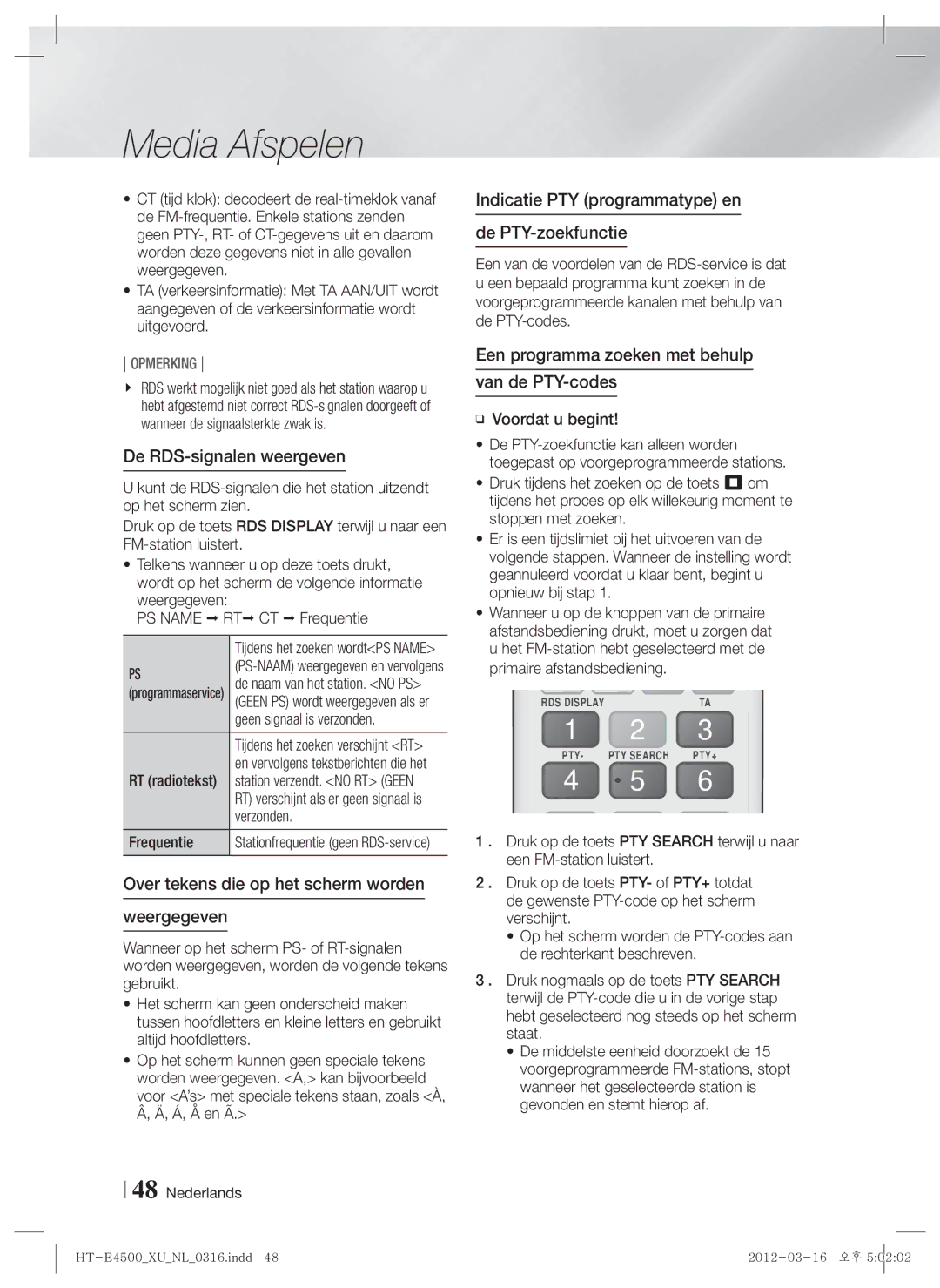 Samsung HT-E4500/XN, HT-E4500/EN, HT-E4550/EN De RDS-signalen weergeven, Over tekens die op het scherm worden Weergegeven 