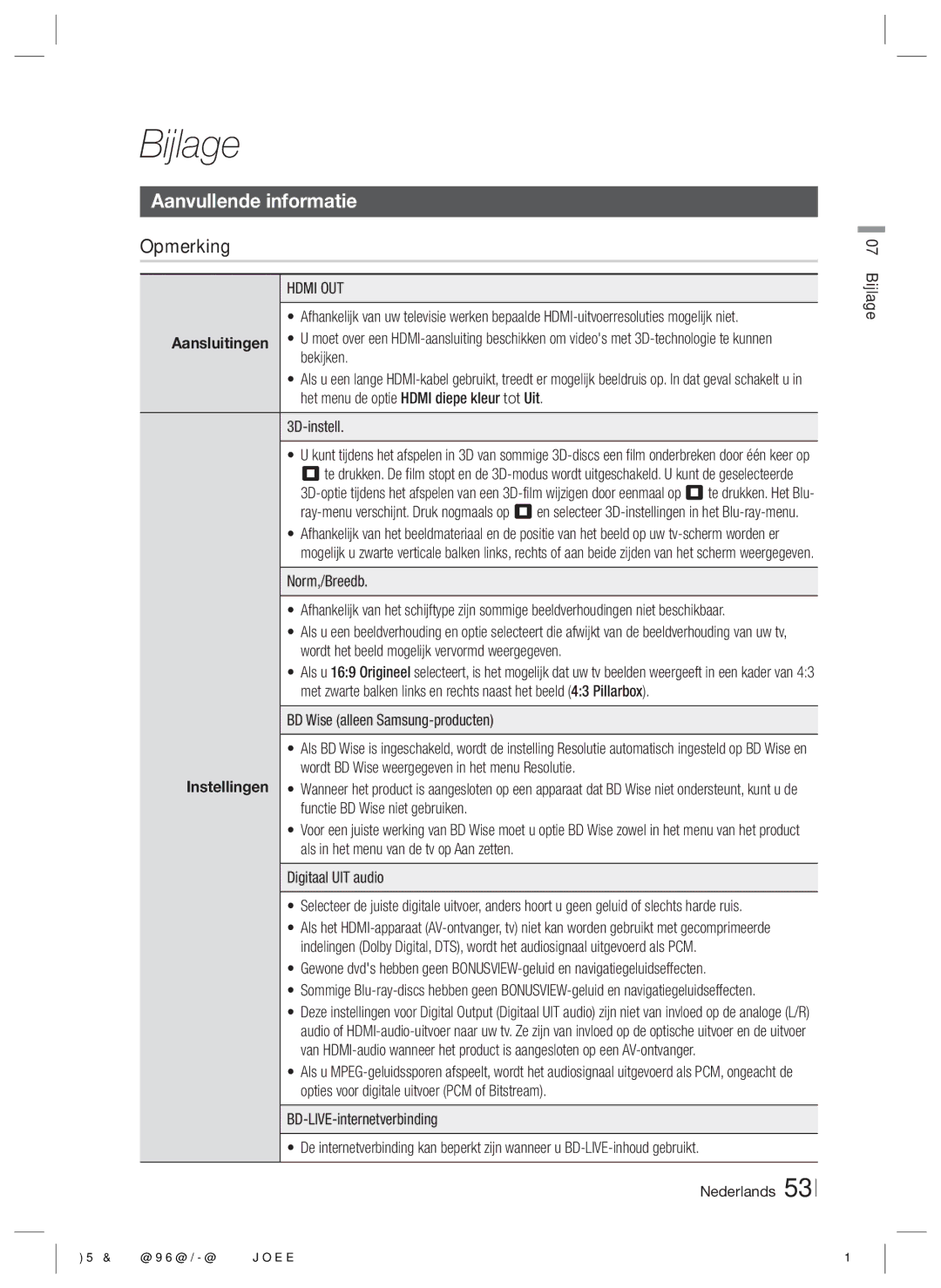 Samsung HT-E4500/XN manual Bijlage, Aanvullende informatie, Opmerking, Norm,/Breedb, BD Wise alleen Samsung-producten 