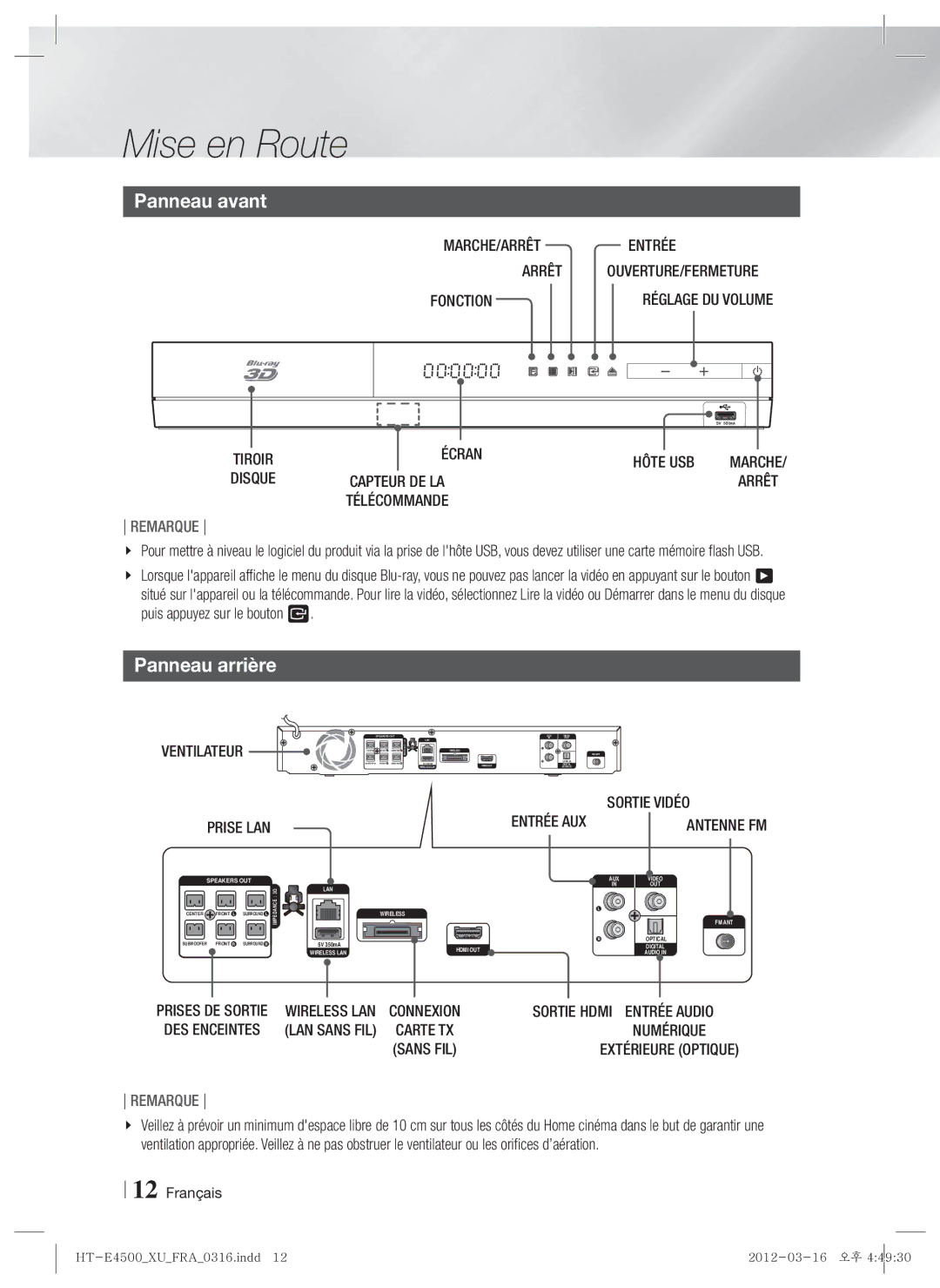 Samsung HT-E4500/XN, HT-E4500/EN, HT-E4550/EN, HT-E4550/ZF, HT-E4500/ZF manual Panneau avant, Panneau arrière 