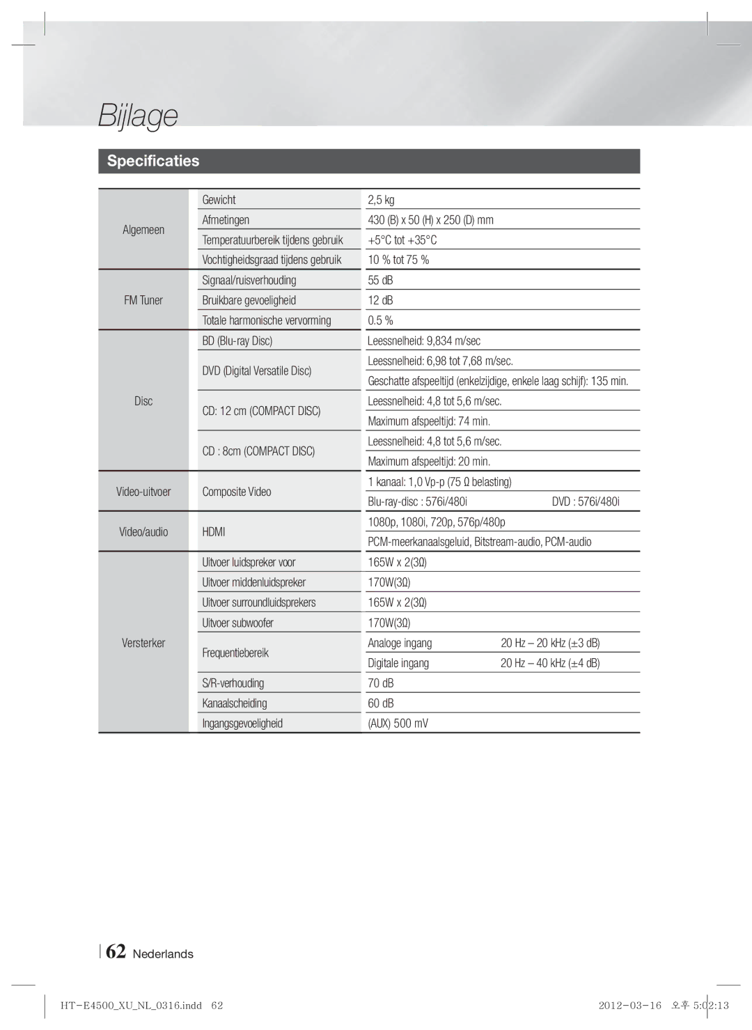 Samsung HT-E4550/EN, HT-E4500/EN, HT-E4500/XN, HT-E4550/ZF, HT-E4500/ZF manual Specificaties 