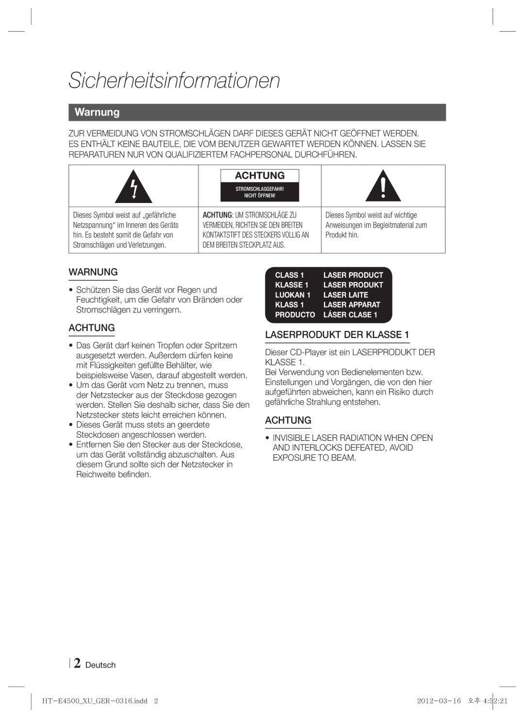 Samsung HT-E4500/EN manual Sicherheitsinformationen, Warnung, Dieser CD-Player ist ein Laserprodukt DER Klasse, Produkt hin 