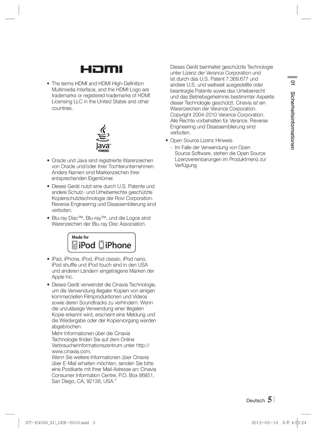 Samsung HT-E4550/ZF, HT-E4500/EN, HT-E4550/EN, HT-E4500/XN, HT-E4500/ZF manual Deutsch Sicherheitsinformationen 