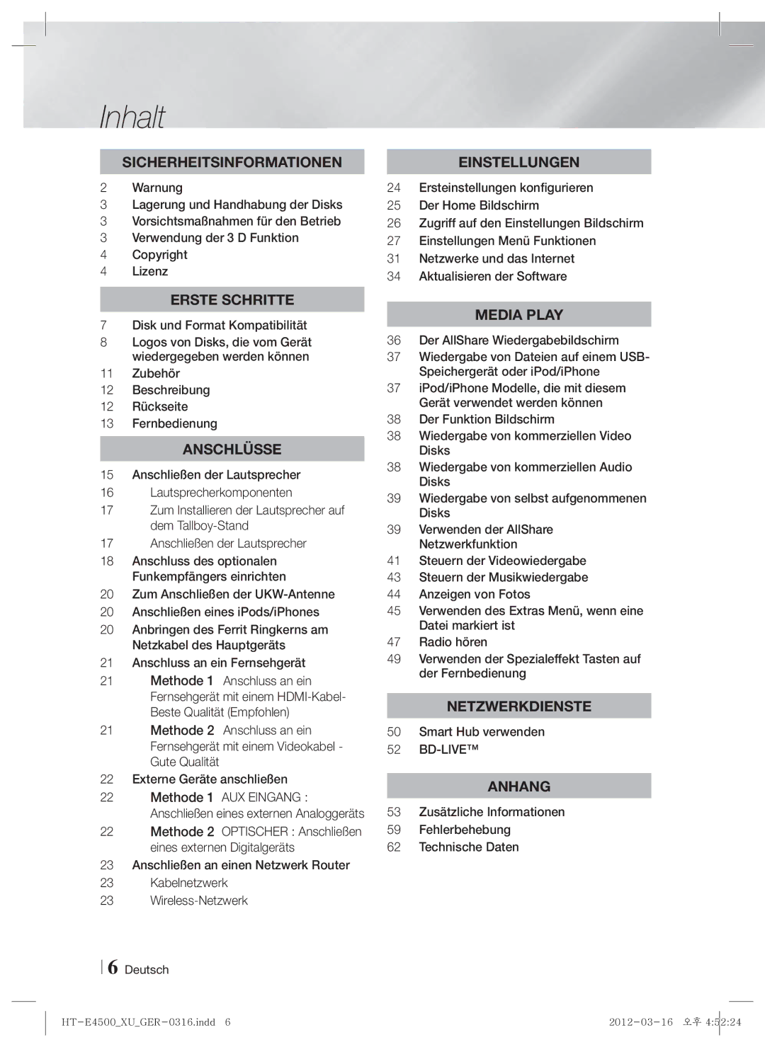 Samsung HT-E4500/ZF, HT-E4500/EN Inhalt, Disk und Format Kompatibilität, Zubehör Beschreibung 12 Rückseite Fernbedienung 