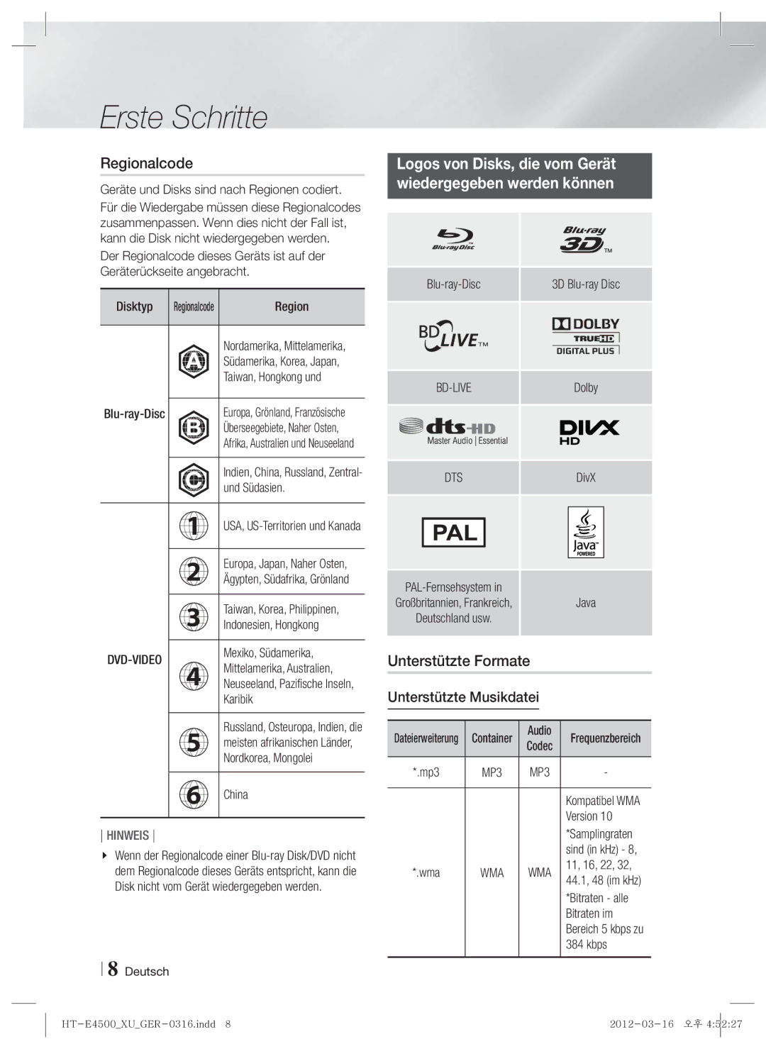 Samsung HT-E4550/EN manual Regionalcode, Logos von Disks, die vom Gerät Wiedergegeben werden können, Unterstützte Formate 