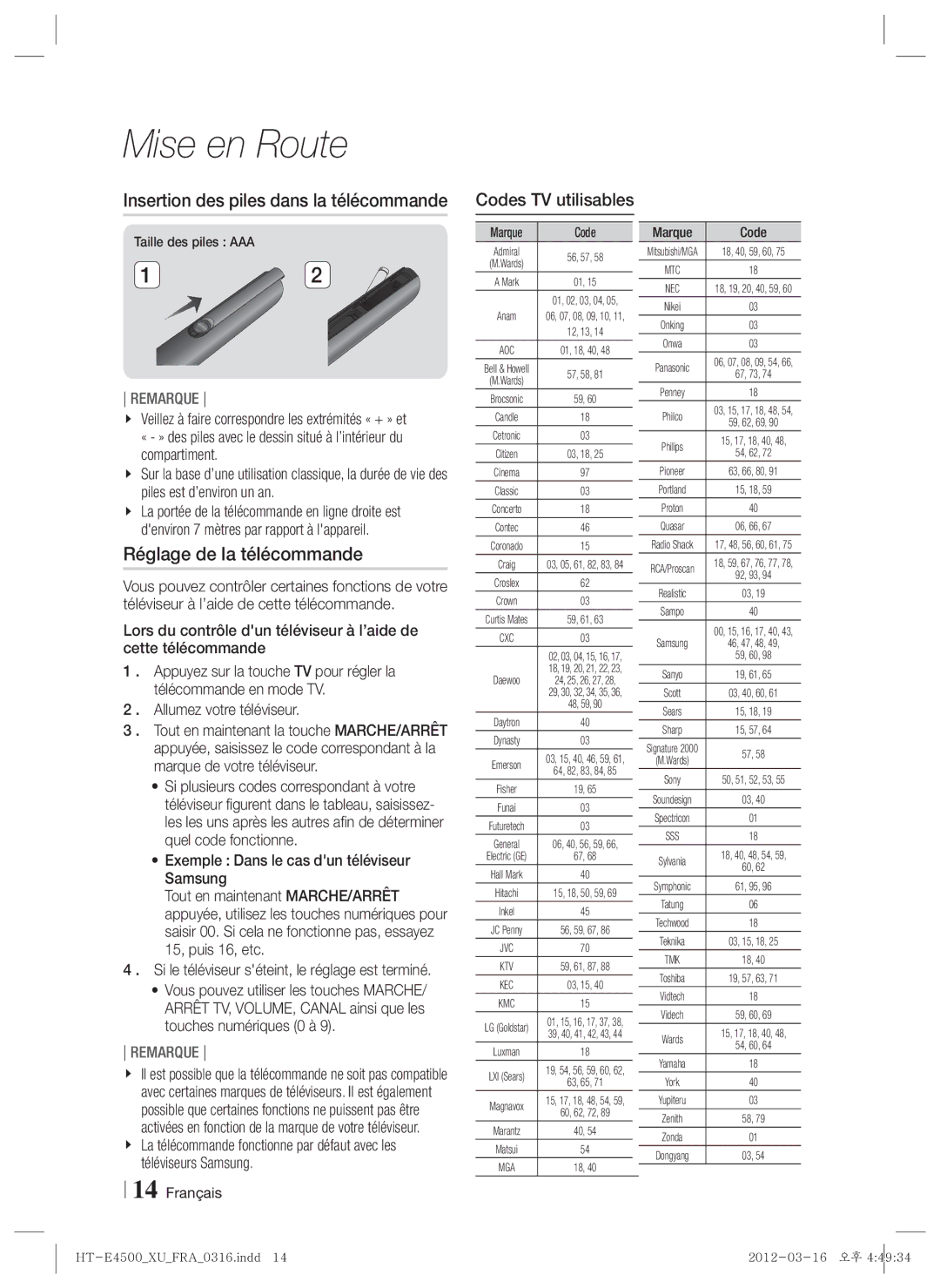 Samsung HT-E4500/ZF, HT-E4500/EN, HT-E4550/EN manual Réglage de la télécommande, Insertion des piles dans la télécommande 