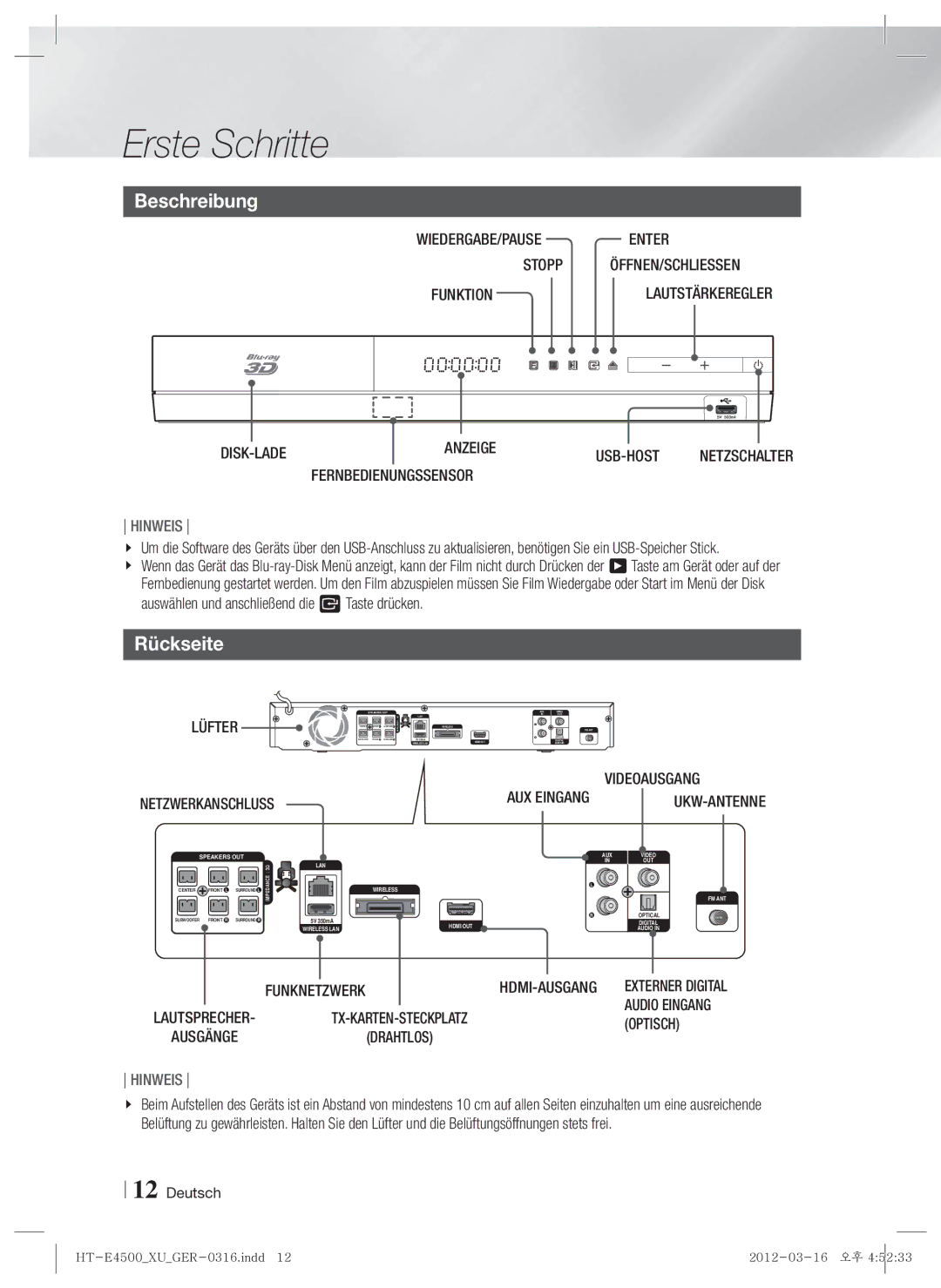 Samsung HT-E4500/EN, HT-E4550/EN, HT-E4500/XN, HT-E4550/ZF, HT-E4500/ZF manual Beschreibung, Rückseite 