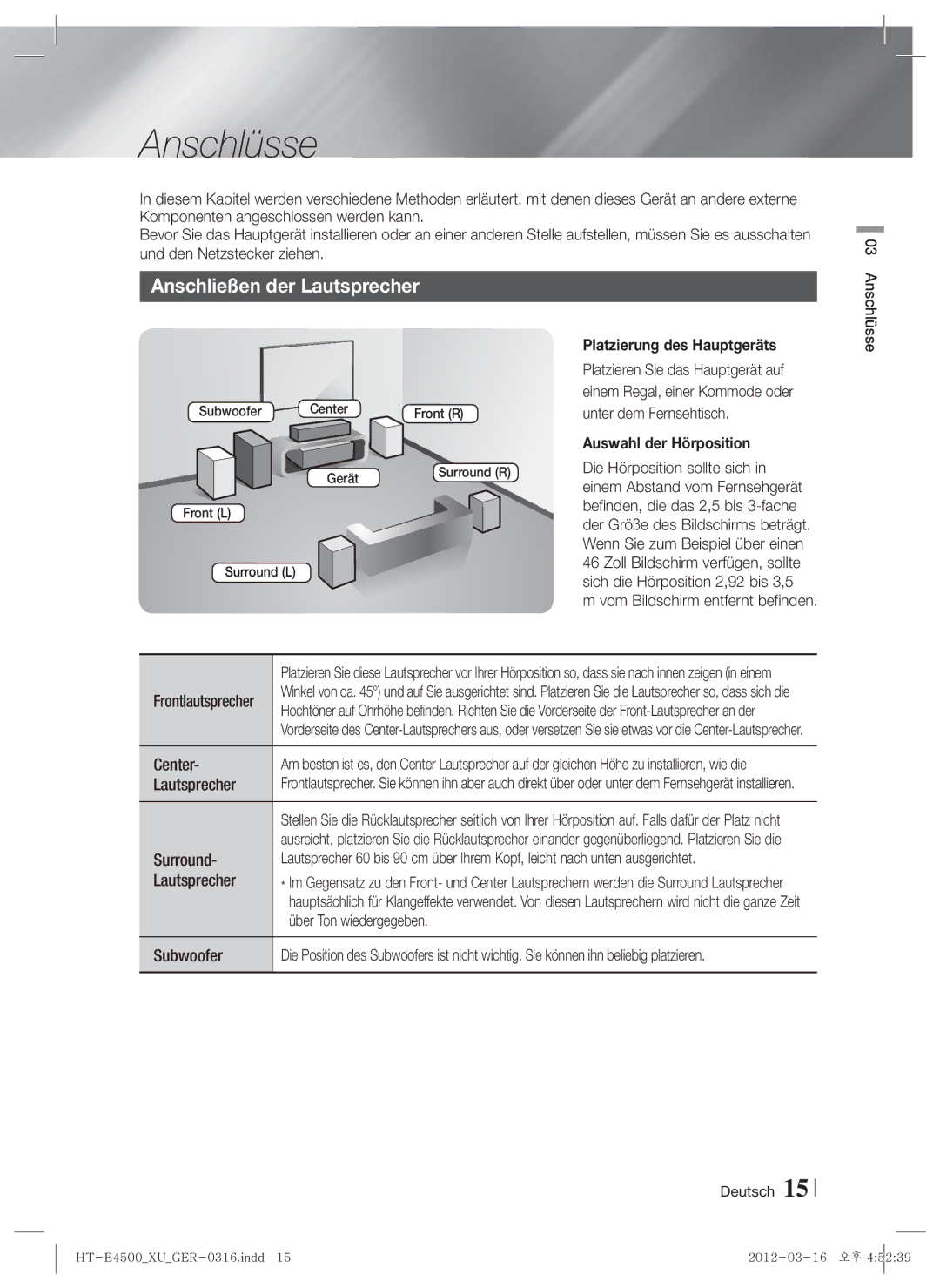 Samsung HT-E4550/ZF manual Anschlüsse, Anschließen der Lautsprecher, Platzierung des Hauptgeräts, Auswahl der Hörposition 