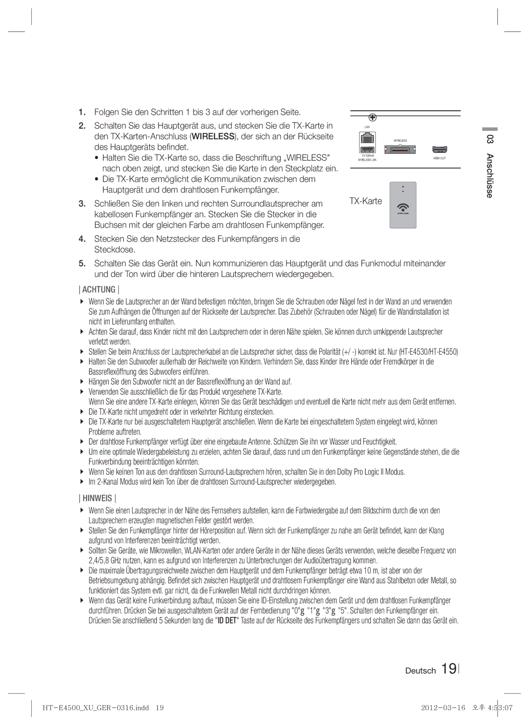 Samsung HT-E4500/XN, HT-E4500/EN, HT-E4550/EN, HT-E4550/ZF, HT-E4500/ZF manual TX-Karte, Achtung 