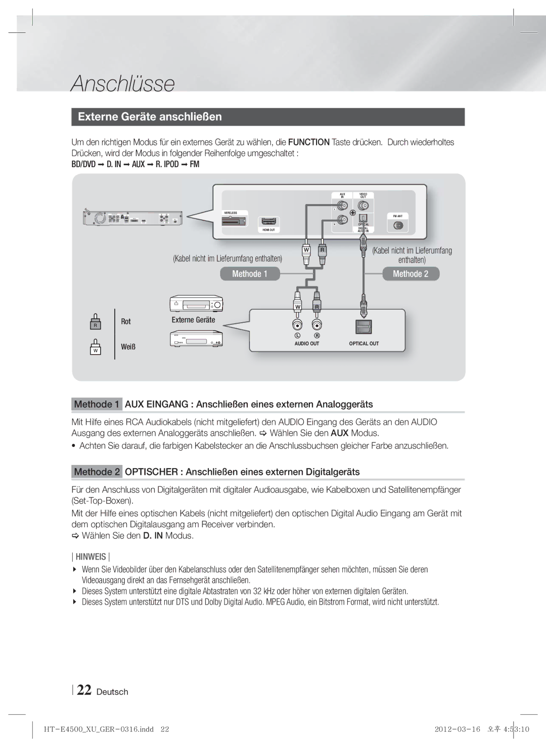 Samsung HT-E4500/EN manual Externe Geräte anschließen, BD/DVD D. in AUX R. Ipod FM, Enthalten,  Wählen Sie den D. in Modus 